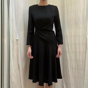 Black Gathered Waist Vintage 90s A-Line Midi Dress Goth Victorian Mortician Core